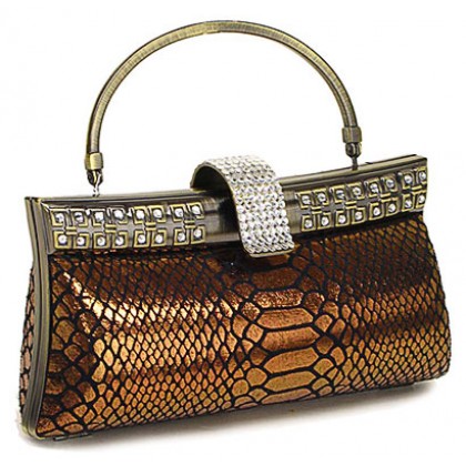 Evening Bag - 12 PCS - Metallic Snake Skin-Like w/ Swarovski Accent Closure Knob - BG-HP03999BZ